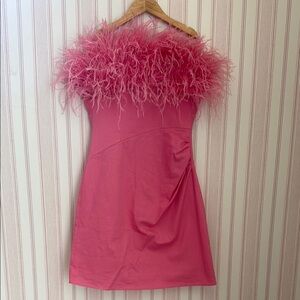 Elegant Pink Feather-Trimmed Dress